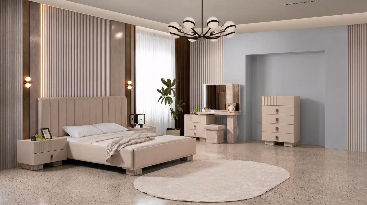 Set moderno per camera da letto in beige, composto da: letto, comò, tavolino da trucco e 2 comodini