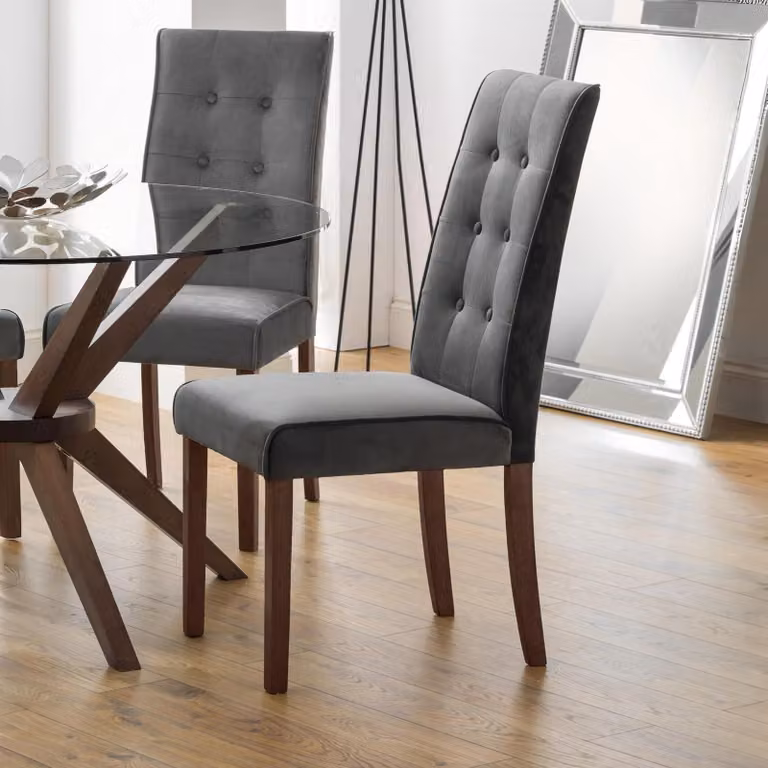 Set di 2 poltrone da pranzo in velluto, modello Madrid, colore grigio/noce