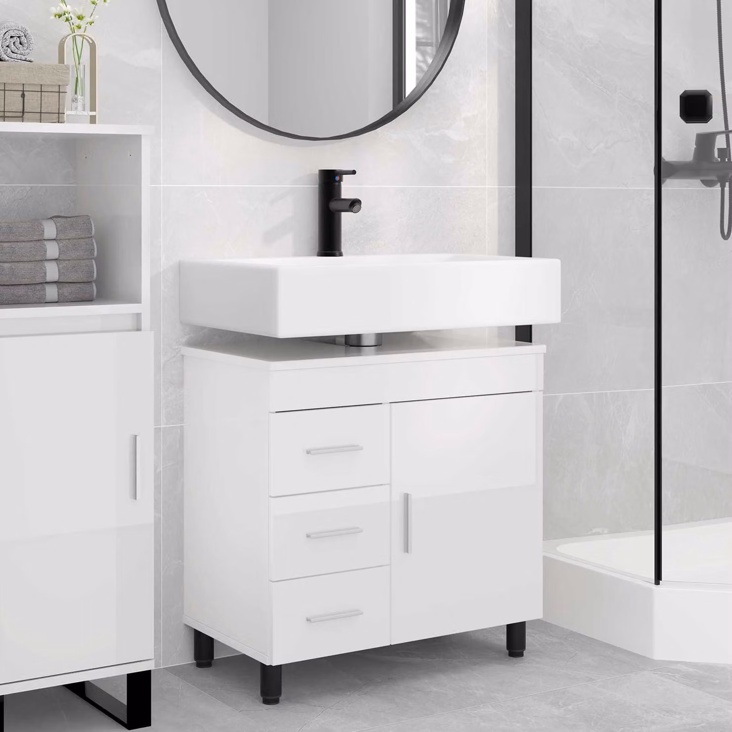 Mobiletto da bagno moderno vidaXL Bianco Lucido con ante e cassetti L/P/H: 60 x 35 x 60 cm