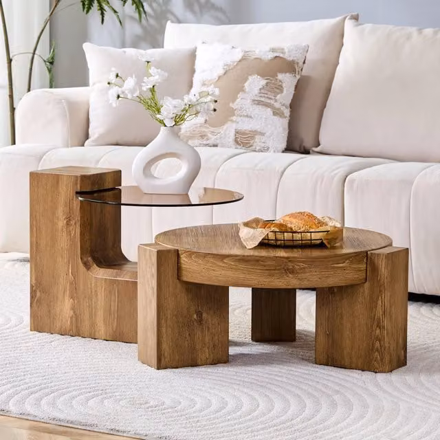 Set di 2 tavolini da caffè rotondi separabili in MDF effetto legno e vetro fumé