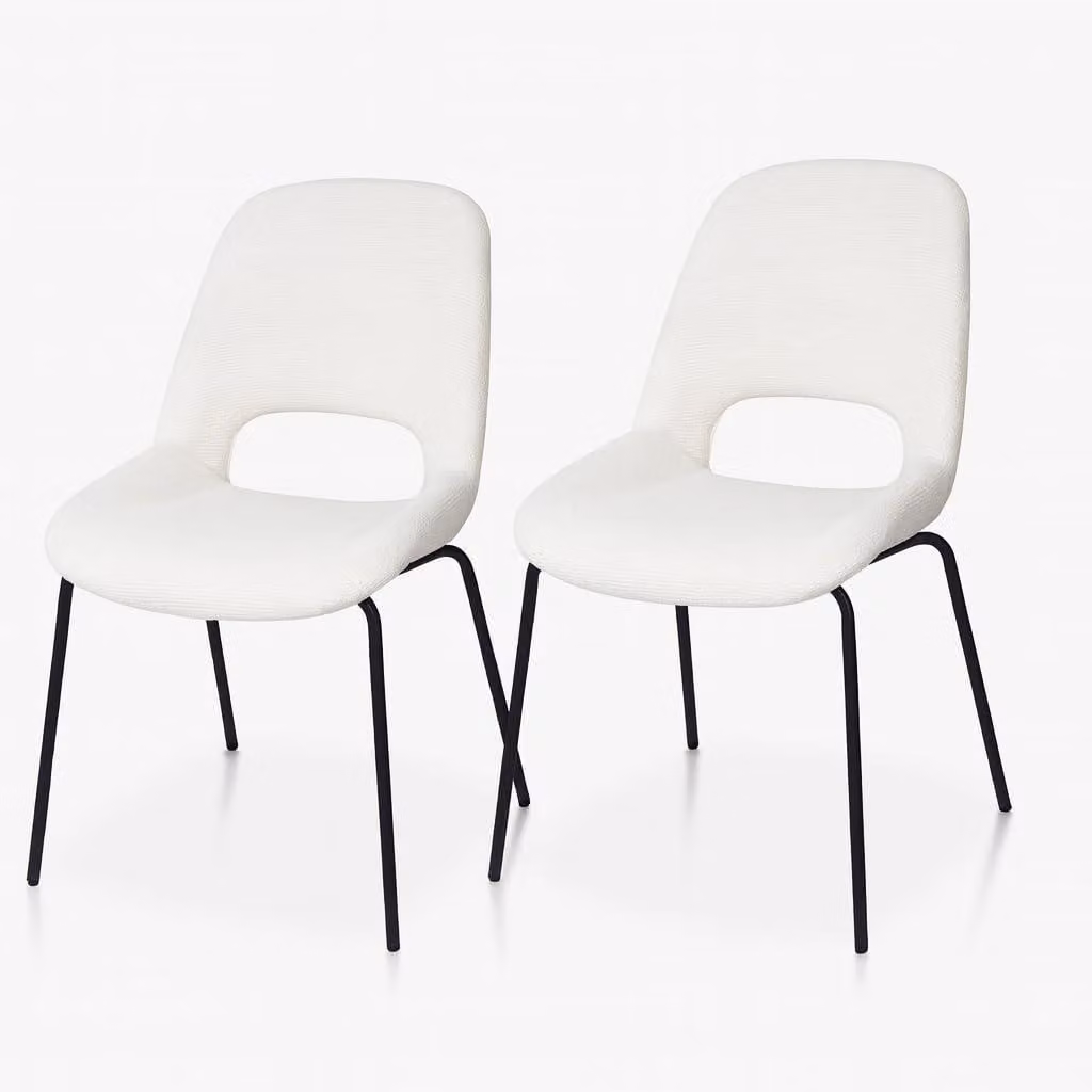 Set di due sedie da pranzo, beige, rivestite in tessuto, con gambe in metallo, design moderno