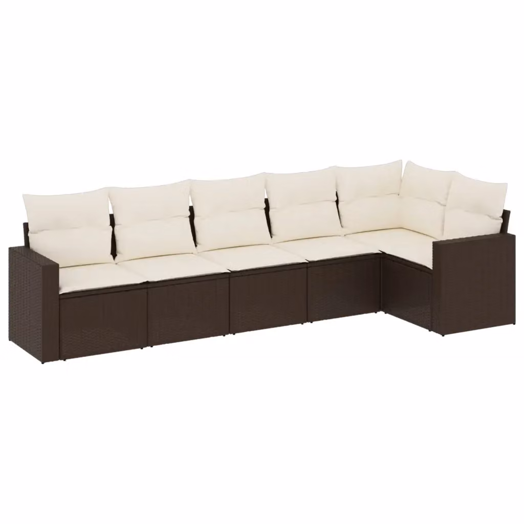 Set di divani da giardino vidaXL in polyrattan marrone con cuscini bianchi e struttura in metallo, composizione a L con 6 pezzi per esterni – 2