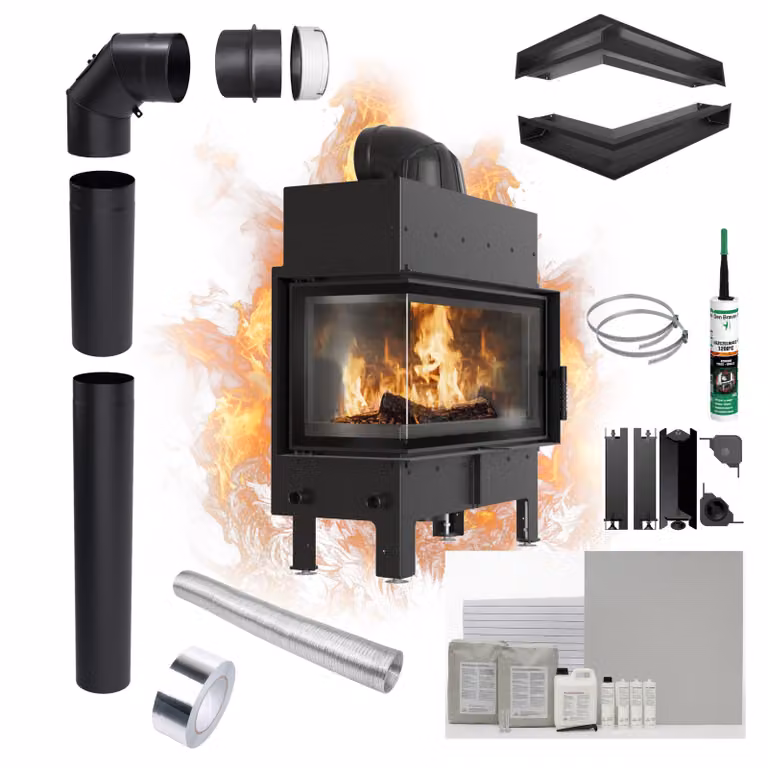 Camino KRATKI FLOKI L Sinistro 12kW Ø200 Nero con ingresso Kit di installazione
