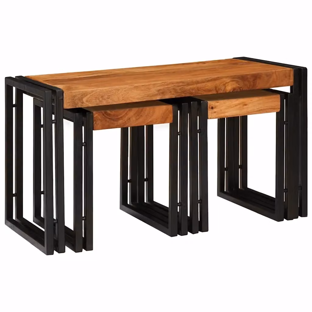 Set di 3 tavolini nesting vidaXL in legno di acacia e metallo, stile industriale, marrone e nero, L/P/H: 82 x 40 x 45 cm – 2