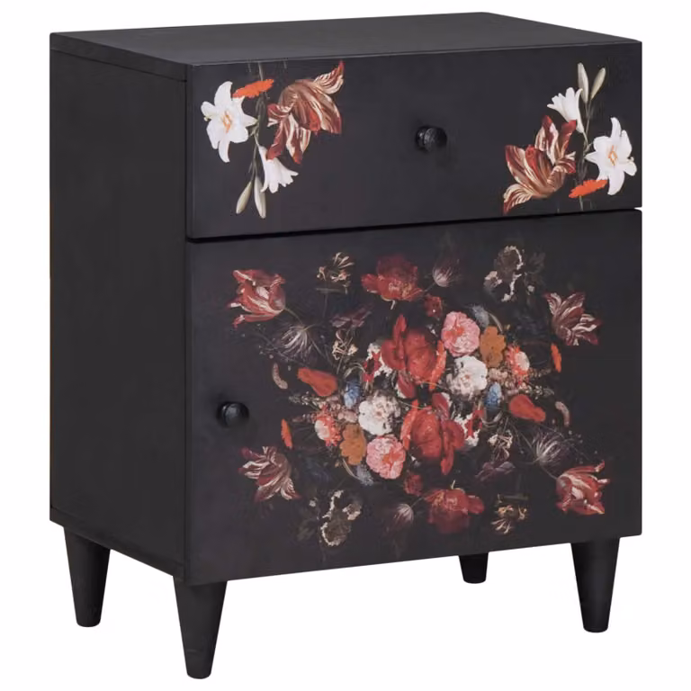 Comodino moderno vidaXL in legno di mango massello con decorazione floreale multicolore L: 50 cm, P: 33 cm, H: 60 cm