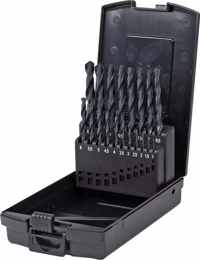 Set di punte elicoidali STIER HSS-R, 19 pezzi, set di punte per metallo Basic, set di punte in acciaio, laminate a rullo, gambo cilindrico, scanalatura elicoidale con rivestimento in ossido, DIN 338