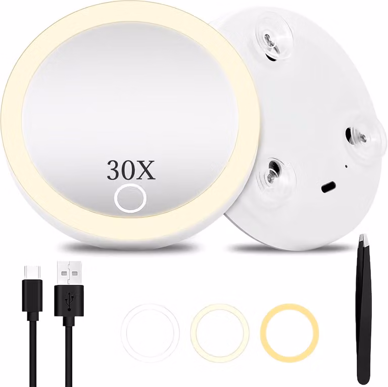 Specchio cosmetico con ingrandimento 30x, specchio ingranditore con luce, piccolo specchio ingranditore con ventosa e pinzetta, kit da viaggio per il trucco