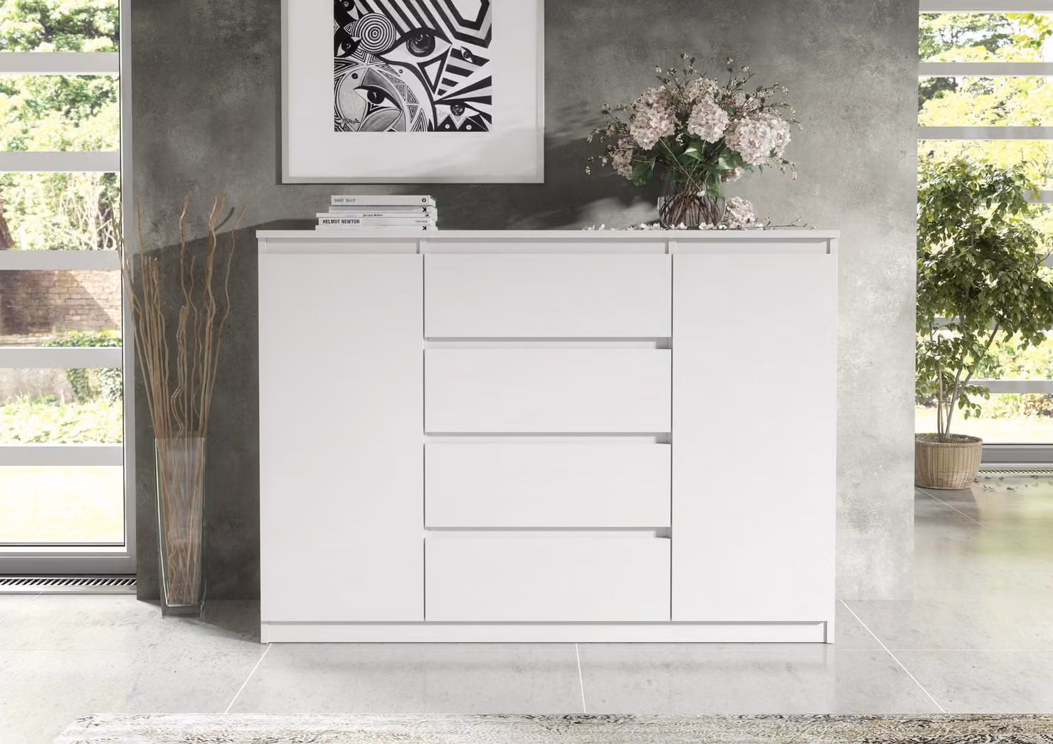 Comodino pratico, altezza 140 cm, con 2 ante e 4 cassetti