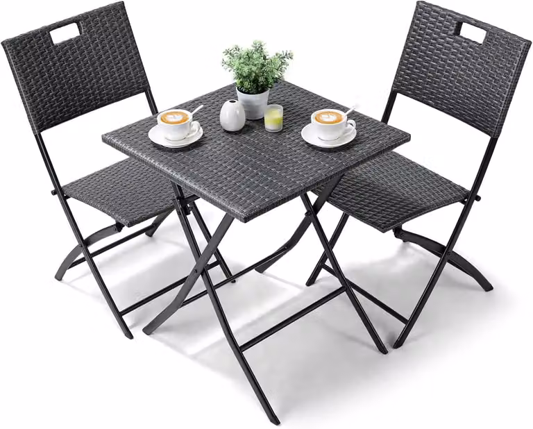 Set di mobili da giardino: tavolo pieghevole con 2 sedie, composto da 3 pezzi, in rattan sintetico, con struttura in metallo, dimensioni 60 x 60 x 72 cm, per 2 persone, colore grigio scuro