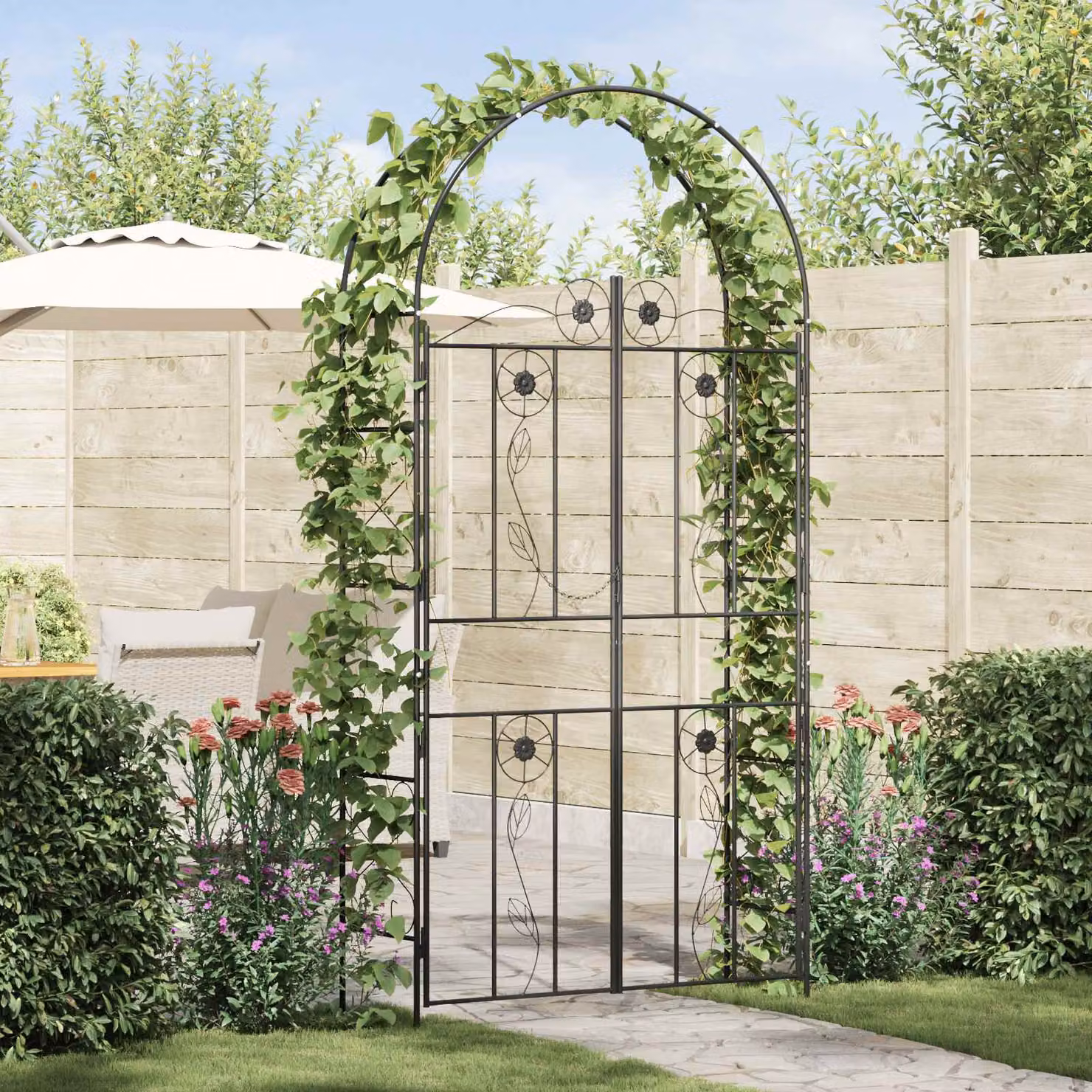 Arco da giardino vidaXL in acciaio nero, L 115 cm x P 37 cm x H 226 cm