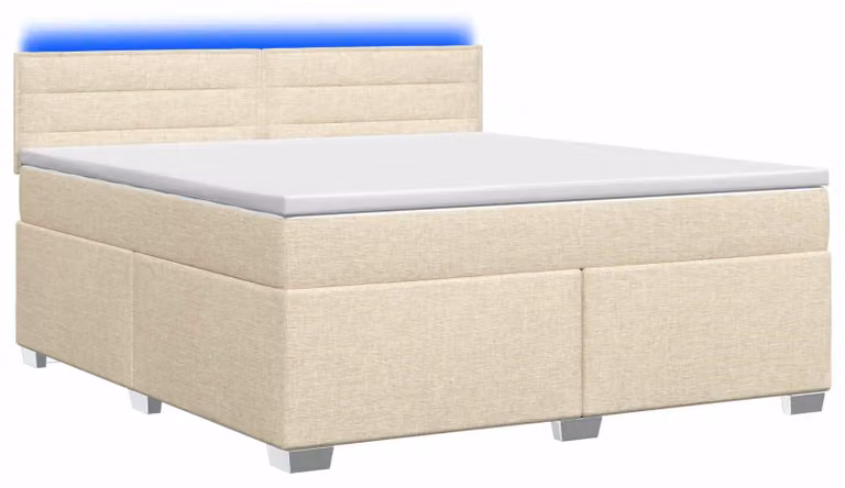 Letto con boxspring, materasso e illuminazione LED, colore crema, dimensioni 180 x 200 cm, rivestito in tessuto