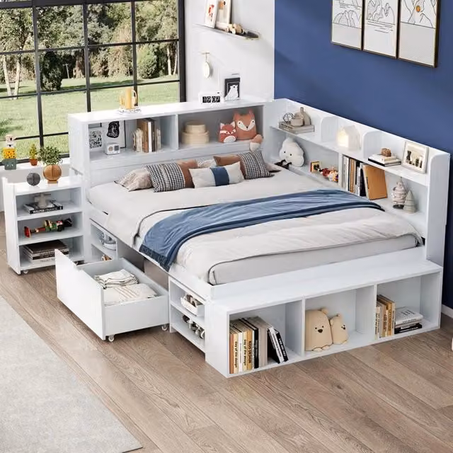 Letto singolo per bambini multifunzionale - Xylo - 140x190 cm - Bianco - Con cassetti e ripiani