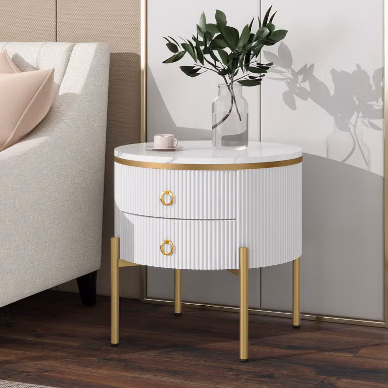 okwish Tavolino rotondo, comodino per camera da letto, tavolini con contenitore per il soggiorno, tavolino con gambe e maniglie dorate, bianco