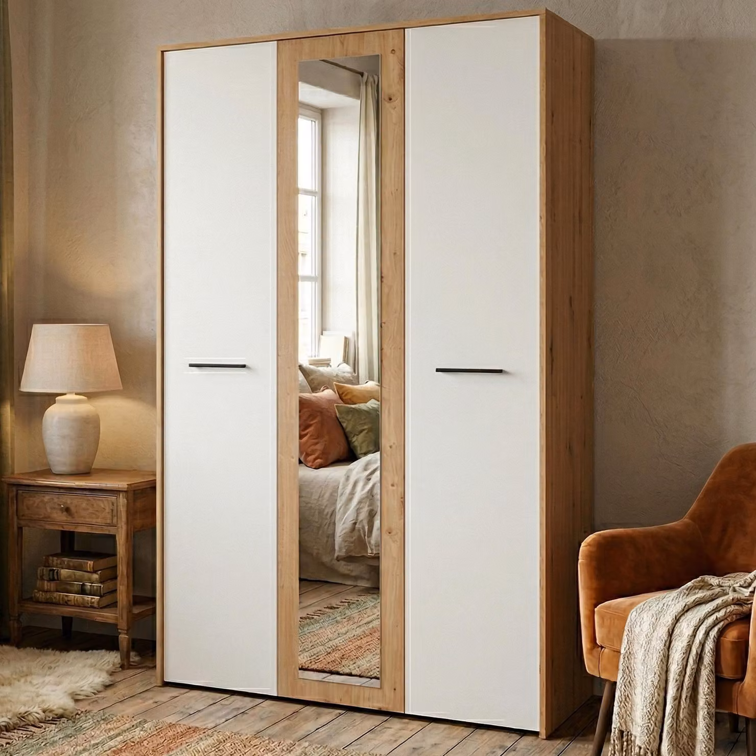 Dmora Guardaroba 3 Ante Lavagno 119x53 cm Bianco Rovere Nodi, Appendiabiti 5 Ripiani