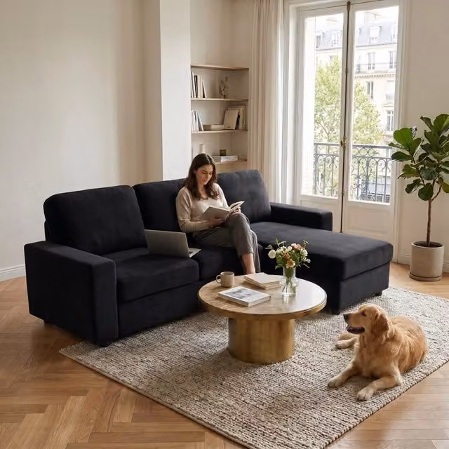 Divano angolare con 4 vani portaoggetti chaise longue reversibile e molle insacchettate tessuto nero 245,5 cm
