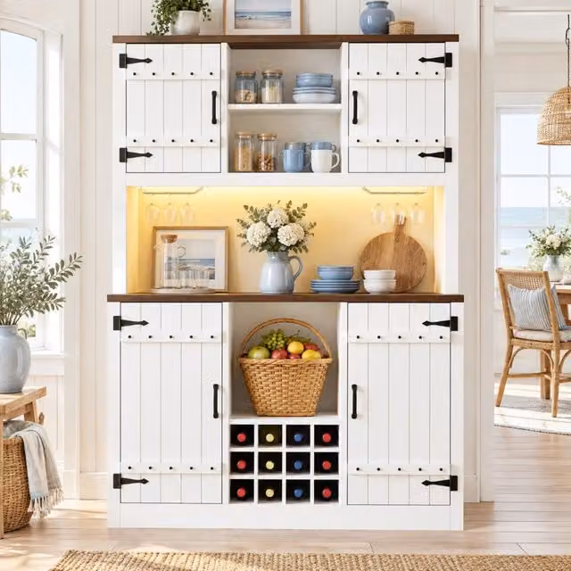 Mobile alto da cucina bianco con LED RGB, portabottiglie e ripiani regolabili