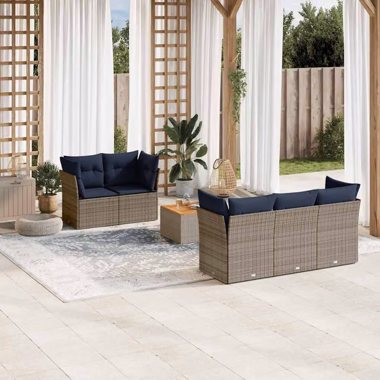 Set di divani da giardino vidaXL in polyrattan grigio con cuscini e tavolino da esterno a forma di L per 6 persone