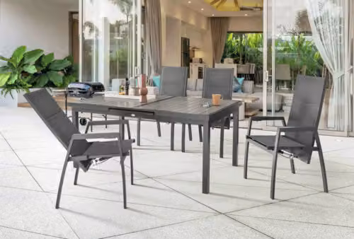 Dinette Destiny COSTA IMOLA 4 sedie con schienale alto + tavolo 165/215x100x75cm allungabile