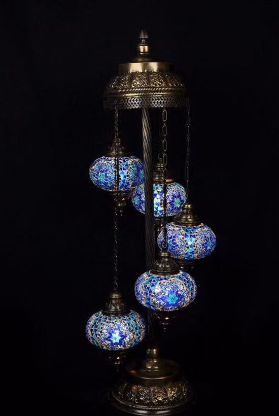 Lampada da terra turca - Lampada orientale - Blu - 5 sfere di vetro mosaico - Realizzata a mano - Altezza 120 cm