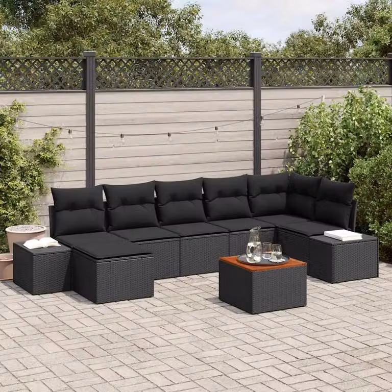 Set Divano da Giardino Moderno vidaXL a Forma di L in Polyrattan Nero con Cuscini e Tavolino da Esterno