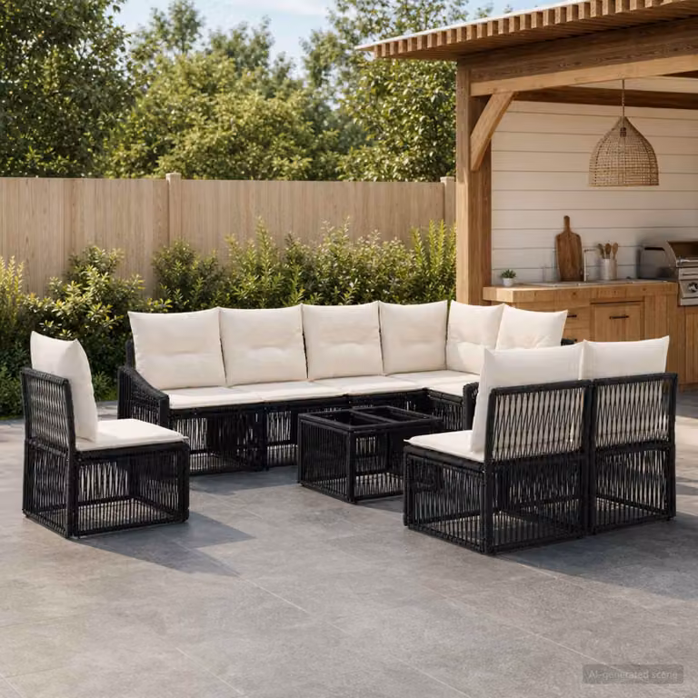 Set Divano da Giardino vidaXL 9 pz Nero con Poltrona, Elementi Angolari, Tavolino e Cuscini Imbottiti in Polyrattan e Metallo