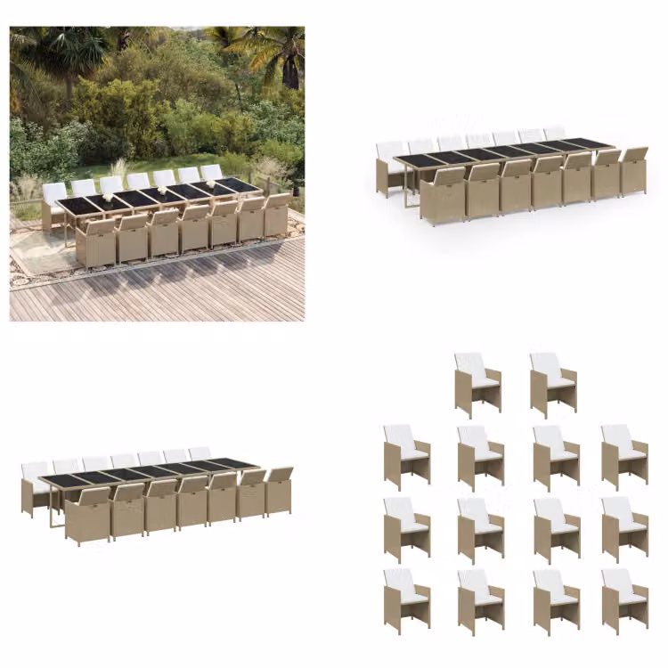 vidaXL Set da pranzo da giardino 15 pezzi con cuscini in polyrattan beige - Set da pranzo da giardino - Set da pranzo da esterno - Set da pranzo da giardino - Set da pranzo da giardino