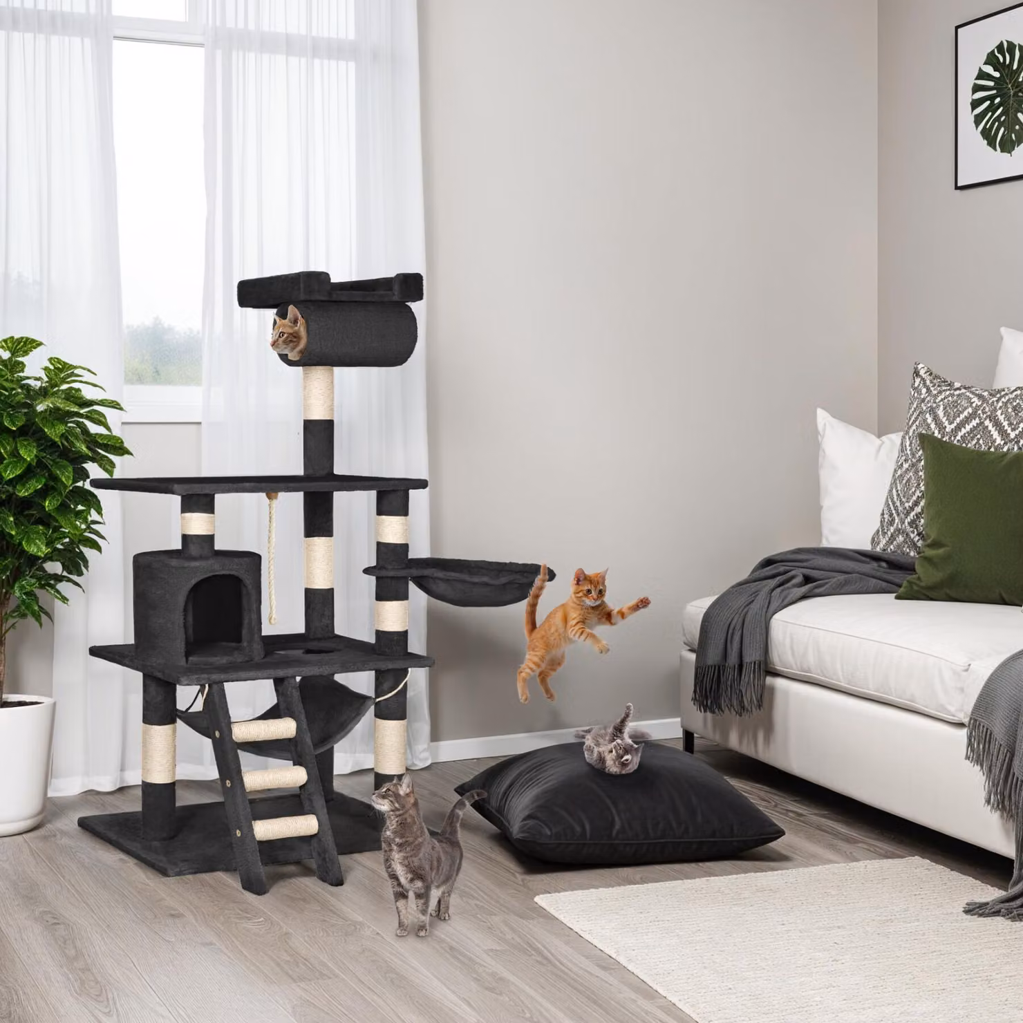 Albero tiragraffi Stokeley TecTake GmbH nero con amaca, cuccia e giochi integrati in sisal – 1