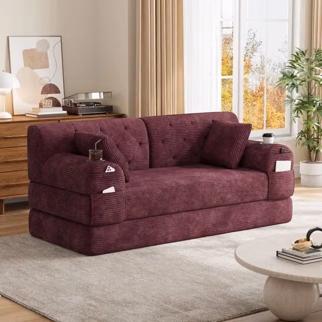 Divano letto 168.0x80.0x81.0 cm con schienale alto; 4 tasche e 2 portabicchieri in velluto a coste rosso vino
