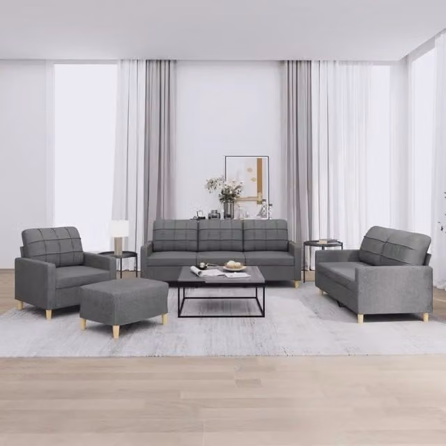 Set di divani moderno vidaXL in tessuto grigio composto da divano a 3 posti, divano a 2 posti, pouf e cuscini per il soggiorno – 1