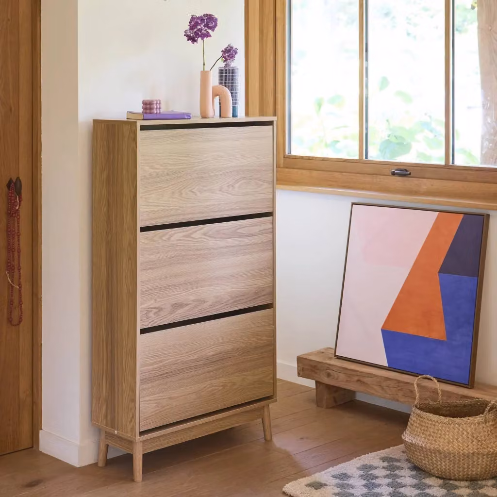 Scarpiera in stile scandinavo Sweeek con 3 ante in legno marrone naturale L/P/H: 75 x 26 x 131 cm – 2