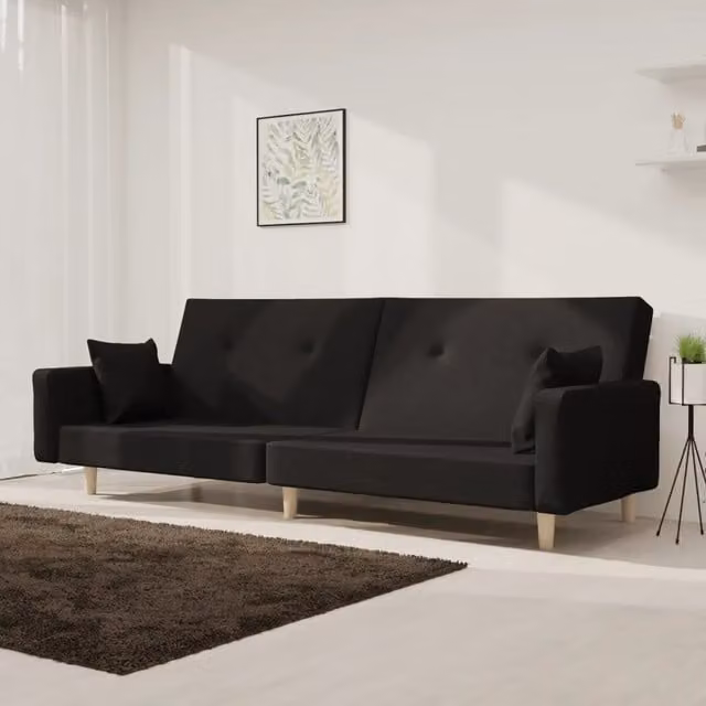 Divano Letto Click Clack vidaXL in Tessuto Nero con 2 Cuscini e Struttura in Legno Massello L: 220 cm, P: 84,5 cm, H: 69 cm