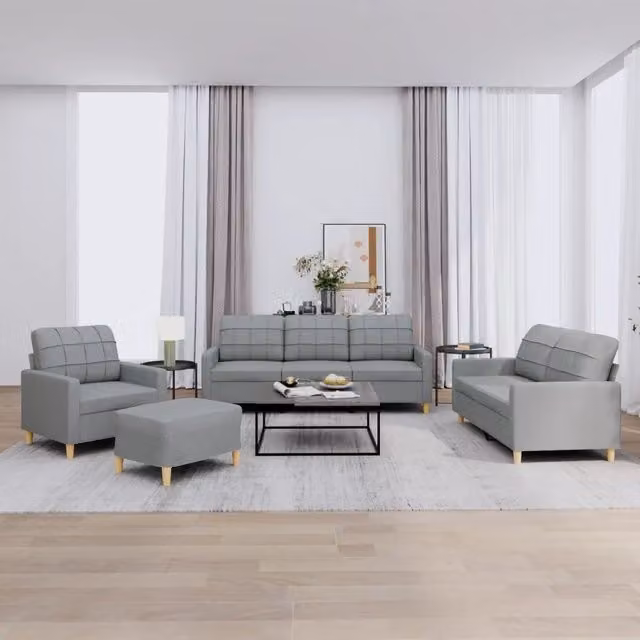 Set di divani moderno vidaXL composto da un divano a 3 posti, un divano a 2 posti, un pouf e cuscini in tessuto grigio per il tuo soggiorno