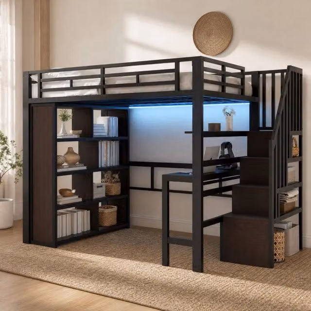 Letto a soppalco 140x200 cm in metallo e MDF con scrivania; ripiani e LED; nero