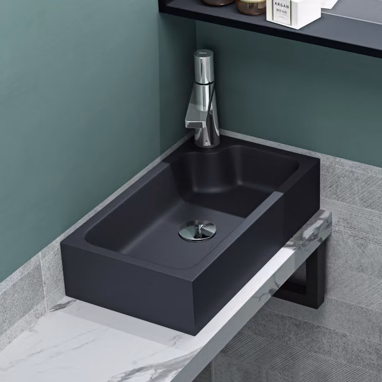 Lavabo da appoggio, 46x26x11 cm, in resina minerale opaca, colore antracite, forma quadrata