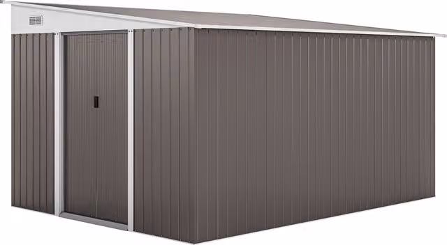 Casetta da giardino Outsunny in acciaio con doppia porta scorrevole, capanno porta attrezzi grigio, L: 345 cm, P: 280.5 cm, H: 169-201 cm
