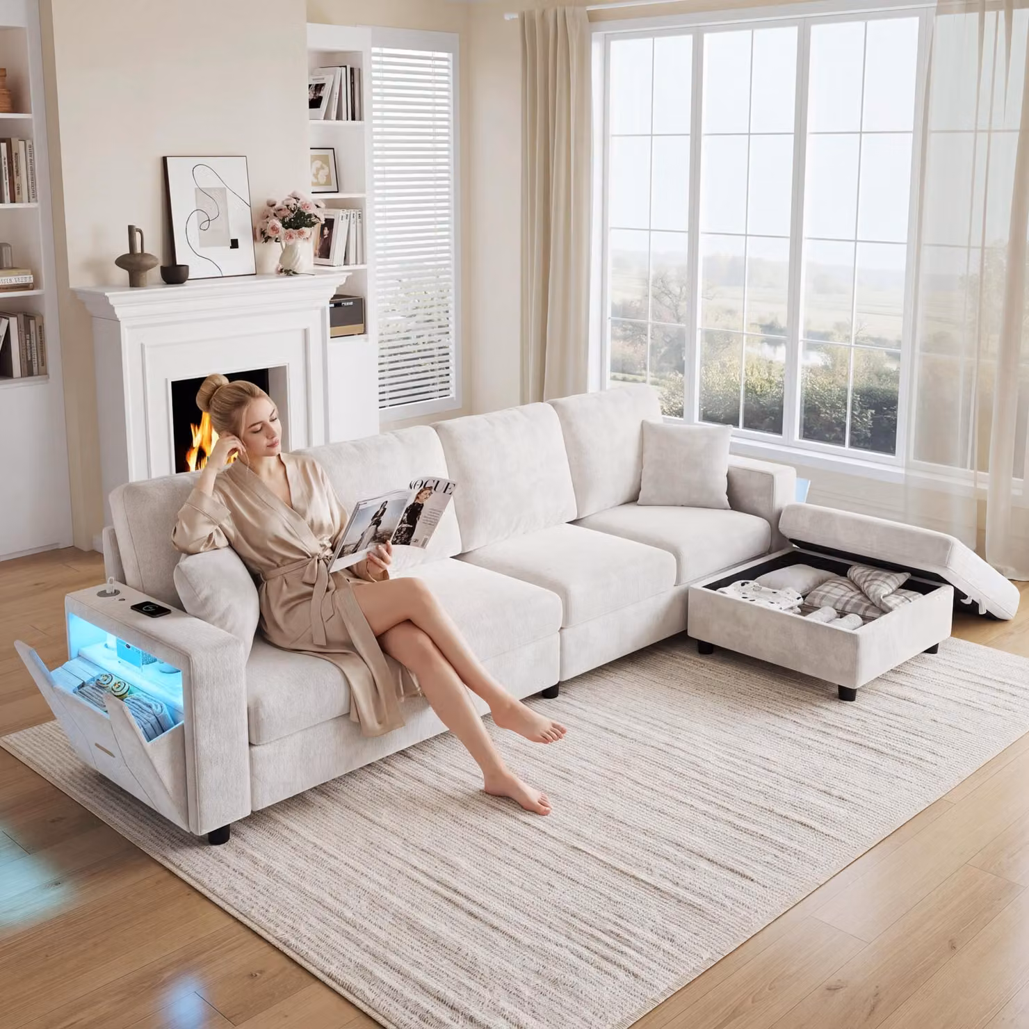Divano angolare modulare, 282x153x82 cm, divano a 4 posti color beige, con poggiapiedi contenitore, prese USB/Type-C e illuminazione LED per il soggiorno