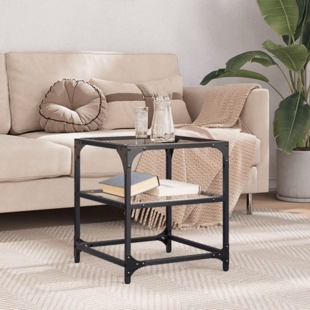 Set di 2 tavolini vidaXL con piano in vetro trasparente e struttura nera, L/P/H: 40 x 40 x 45 cm