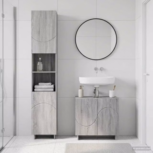 Set mobili da bagno moderno vidaXL composto da mobile sottolavabo e colonna alta in legno MDF grigio opaco L/P/H: 60 x 41 x 82 cm e H 180 x L 41 x P 41 cm – 1