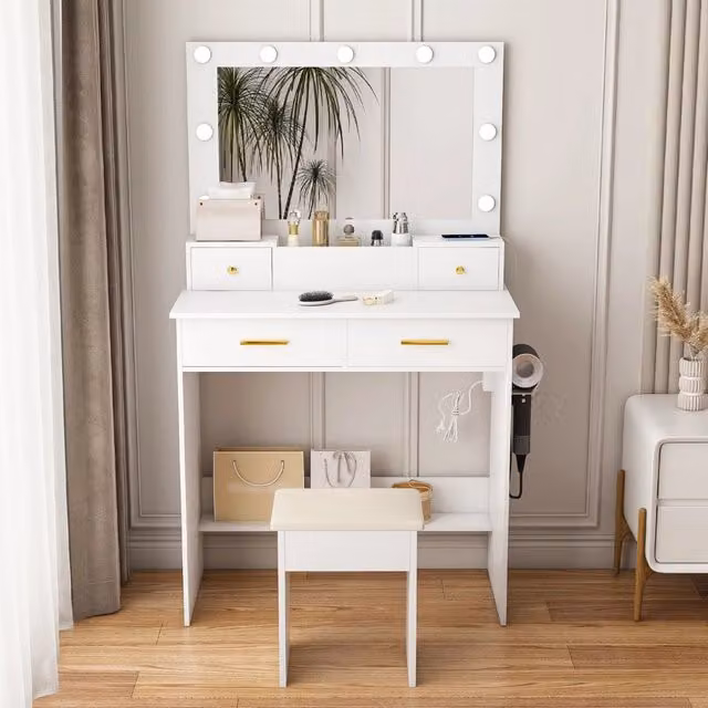Tavolo trucco bianco con illuminazione LED a 3 livelli, 4 cassetti, porta asciugacapelli e sgabello imbottito, 80x137x40 cm