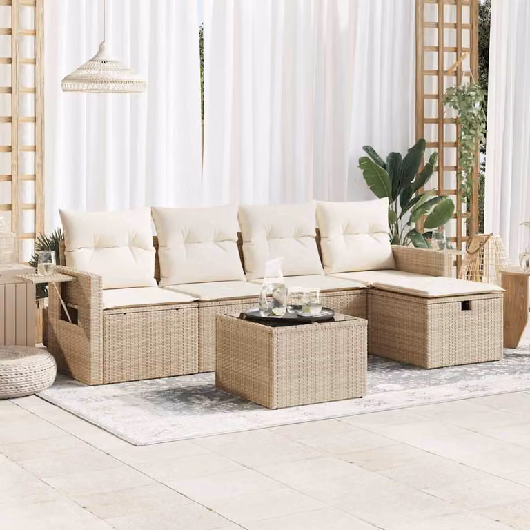 Set Divano da Giardino vidaXL a Forma di L composto da 6 Pezzi con Cuscini Beige e Tavolino in Vetro