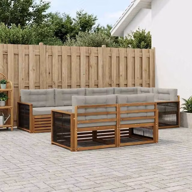 Set di divani da esterno a L vidaXL in legno di acacia con cuscini beige e grigi – 1
