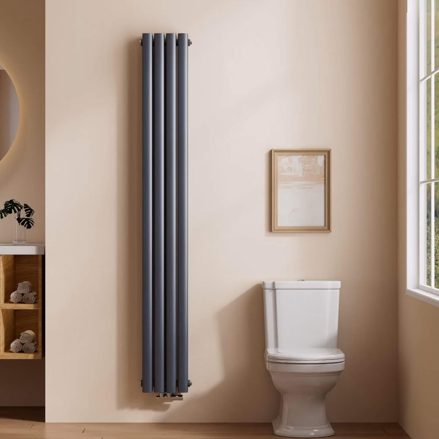 Radiatore tubolare di design EMKE per il funzionamento ad acqua calda con attacco centrale verticale ovale a doppio strato 678 watt 24 cm x 180 cm antracite senza elemento riscaldante