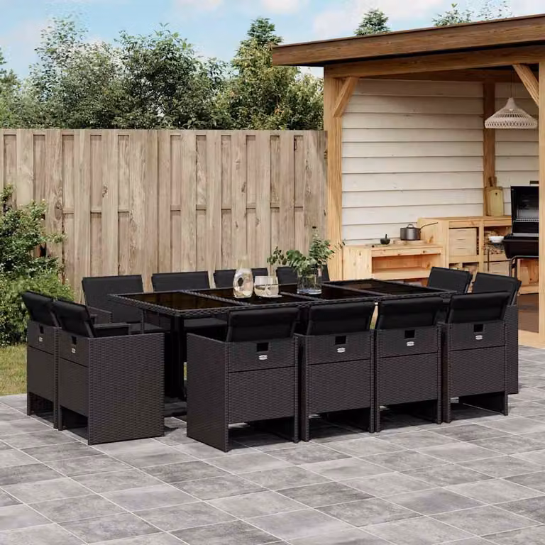 vidaXL Set da Pranzo da Giardino 13pz in Polyrattan Nero con Cuscini e Tavolo in Vetro