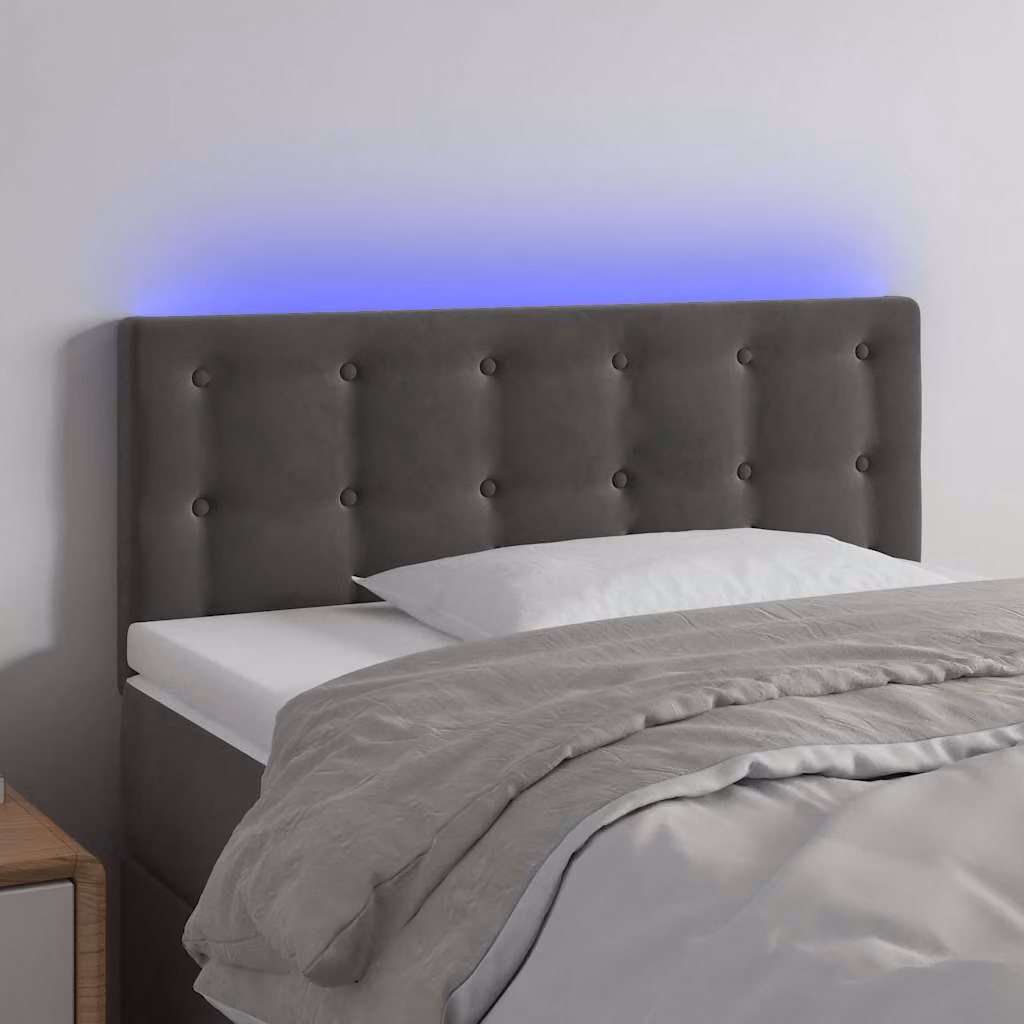 Testiera per letto vidaXL in velluto grigio scuro con illuminazione LED e porta USB, L 100 cm, P 5 cm, H 78-88 cm