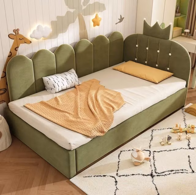 Letto a giorno con letto estraibile 90x200 cm in velluto verde, secondo letto 90x190 cm