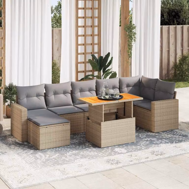 Set Divano da Giardino vidaXL 8 pz a Forma a L con Cuscini Beige e Tavolino, Struttura in Metallo e Legno di Acacia