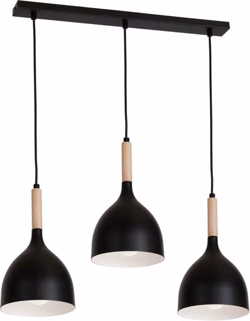 Lampada a sospensione Luminex con 3 luci in metallo e legno, colore nero e legno, dimmabile