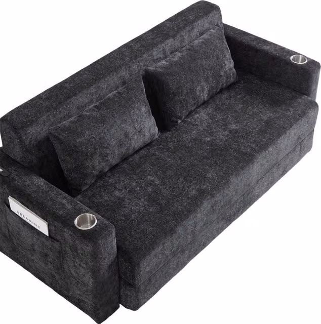 Divano letto 2 posti con funzione letto, porte USB, portabicchieri e tasche laterali in ciniglia nero e grigio