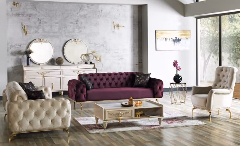 Designer Sofagarnitur 3+3+1 Sitzer Couch Polster Sitzgarnitur Set Chesterfield