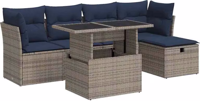 Set Divano da Giardino 6pz con Cuscini Grigio Polyrattan Acacia